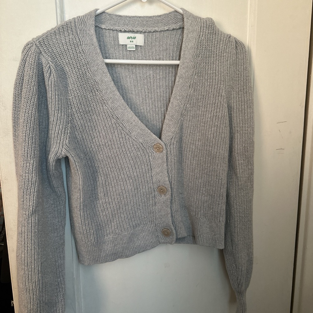 Aerie Gray Cropped Cardigan Sweater V-Neck